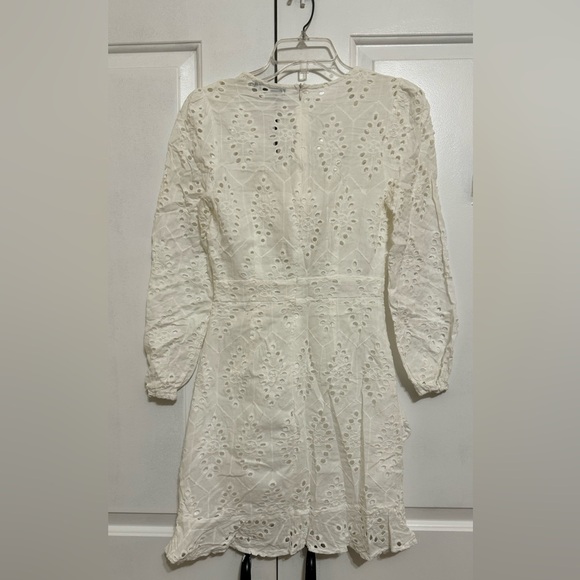 Women's Sexy Long Sleeve Lace Ruffle Mini Dress Hollow Out Summer Dress White - Picture 6 of 8